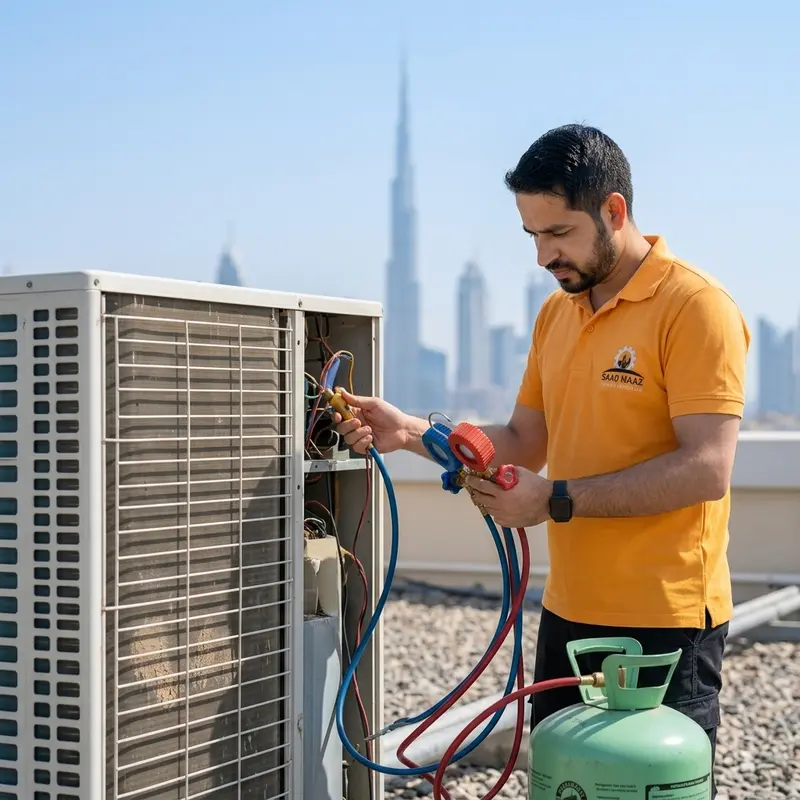 Technician checking manifold gauges during AC gas pressure charging