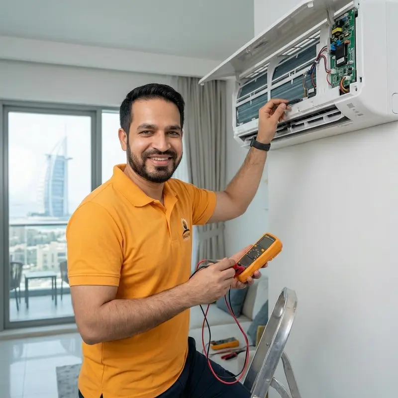 HVAC technician testing AC compressor electrical terminals with a digital meter