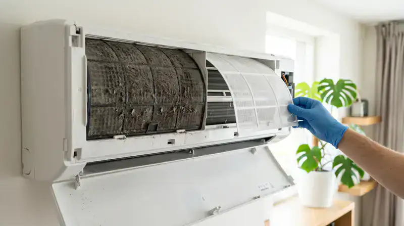 SAAD MAAZ technician replacing dirty AC filter in Downtown Dubai