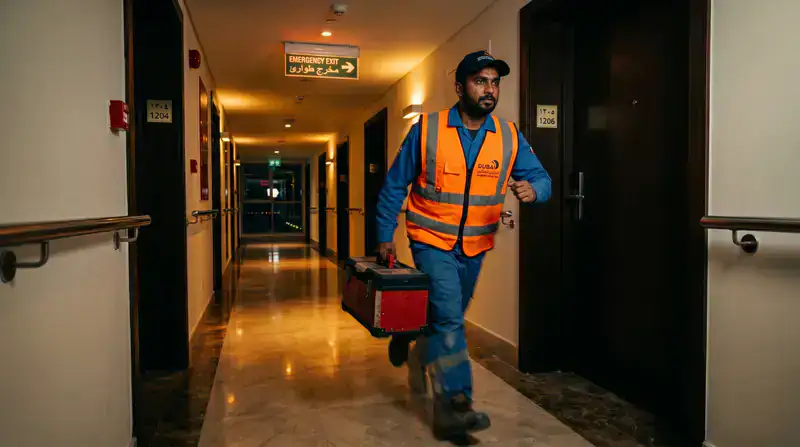 SAAD MAAZ emergency dispatch technician fixing split AC in Silicon Oasis Dubai