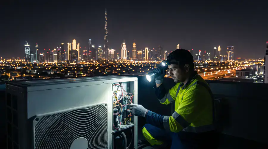 Emergency HVAC technician testing electrical controls inside AC compressor unit